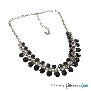 Sparkling Black & Clear Rhinestone Crystals Bib Statement Silver Tone Necklace